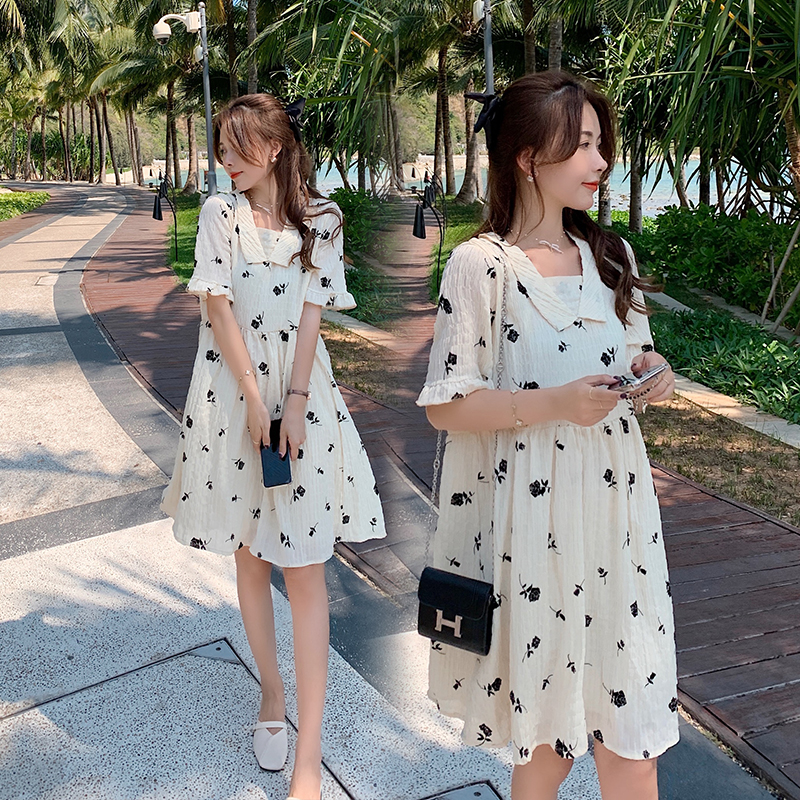 实拍现货 2021夏季新款孕妇装连衣裙雪纺玫瑰印花短袖孕妇连衣裙