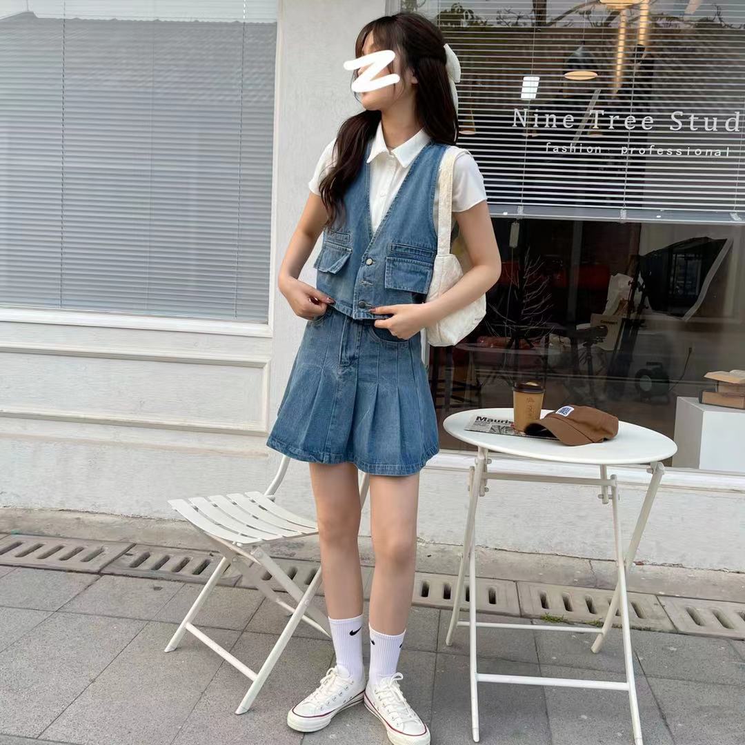 实拍实价 夏季牛仔套装韩范短款马甲百褶裙