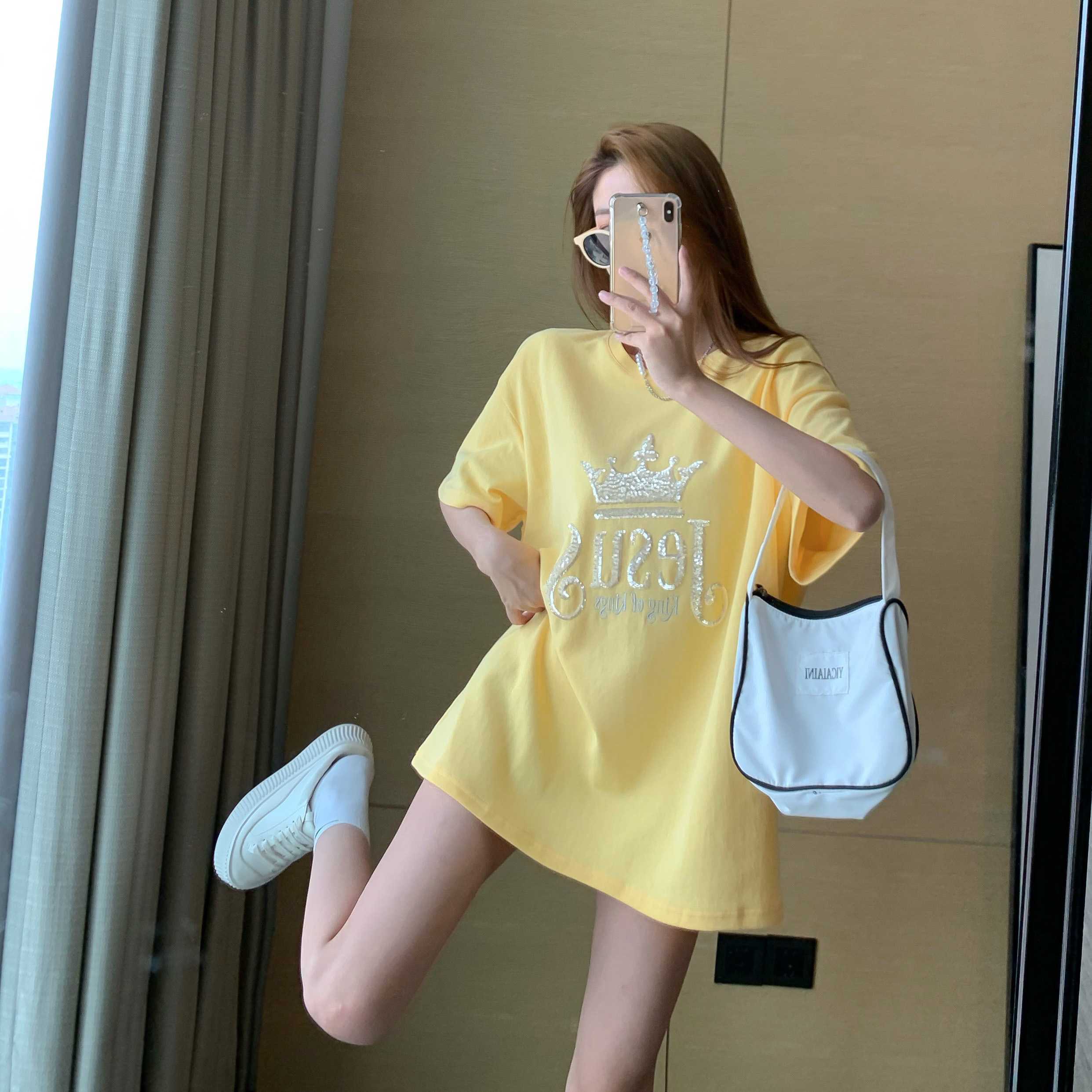 现货实拍 夏季重工刺绣亮片皇冠短袖t恤女宽松圆领中长款上衣