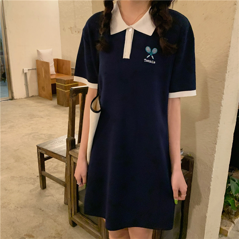 实拍实价 夏季韩版刺绣polo领冰丝连衣裙宽松针织裙
