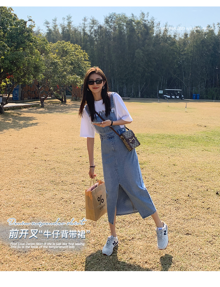 MULVAN 开叉牛仔背带裙女早春新款宽松复古显瘦中长款吊带连衣裙