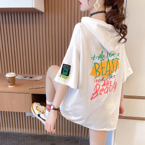 RM15901#夏季韩版宽松印花字母连帽大码女装短袖上衣T恤女