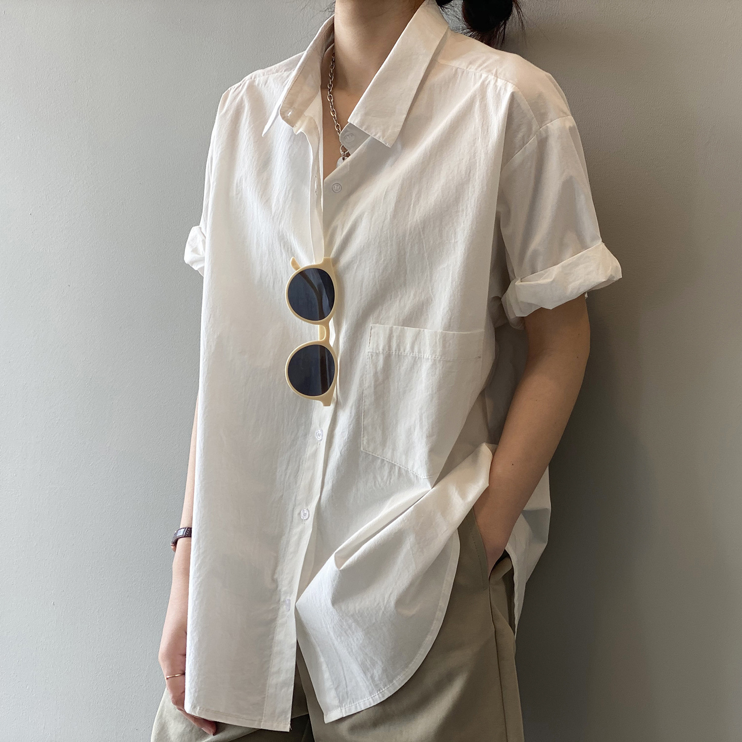 实拍~纯色短袖衬衫女2021夏季新款韩版薄款设计感防晒衬衣上衣
