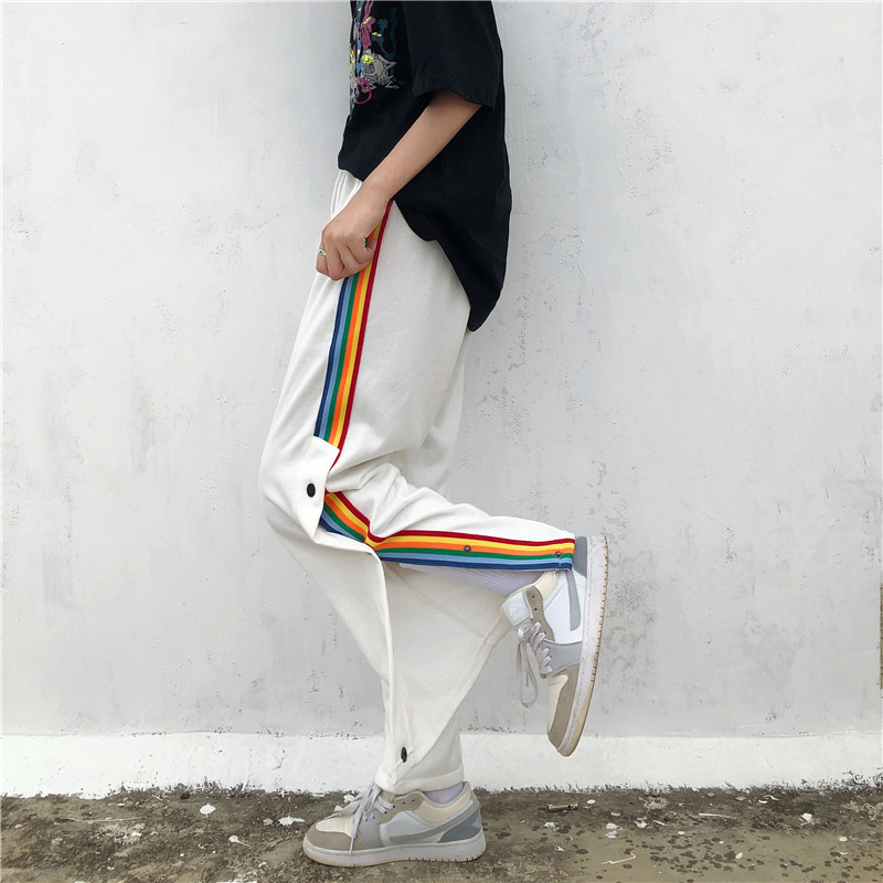 彩虹条纹排扣男女休闲裤ins潮流宽松设计感卫裤