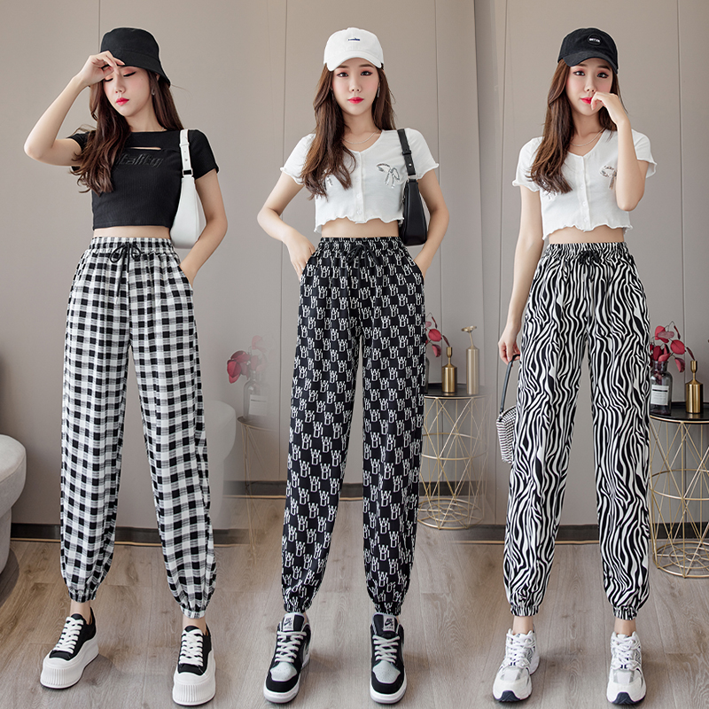 实拍2021年夏款雪纺网红束脚哈伦运动休闲女裤直筒薄款高腰