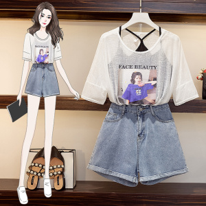 Three piece suit of T-shirt with suspender and high waist denim shorts