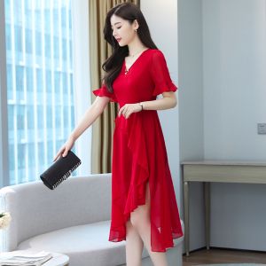 RM3495#台湾纱雪纺连衣裙新款夏季气质女神范v领黑色不规则中长款