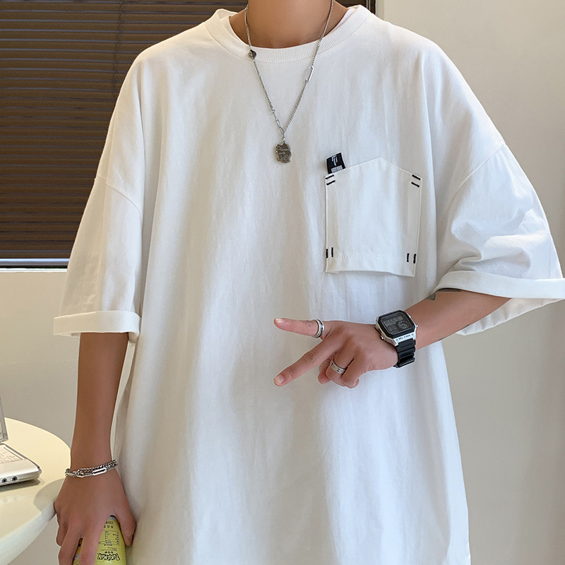 实拍感上衣男士短袖t恤夏季宽松港风ins潮流贴布口袋简约百搭半袖