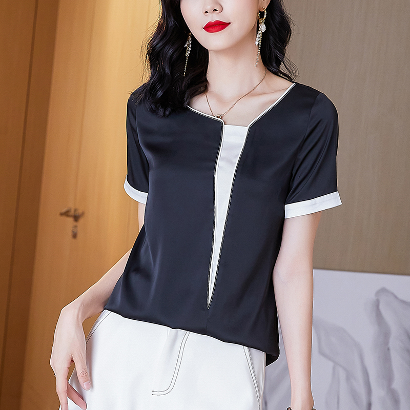 实拍夏季大码气质短袖衬衣薄款休闲上衣不规则设计款雪纺衫