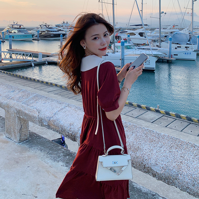 实拍~大码女装酒红连衣裙女温柔风长裙胖mm收腰显瘦气质短袖裙子