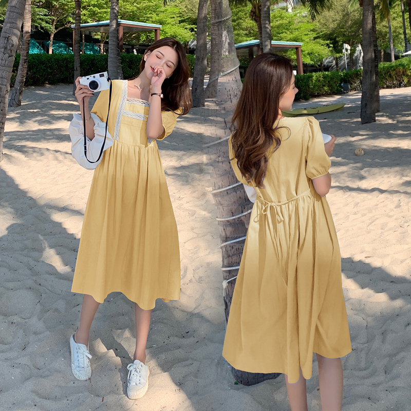 实拍现货 2021夏季新款孕妇蕾丝拼接棉麻宽松大码韩版孕妇连衣裙