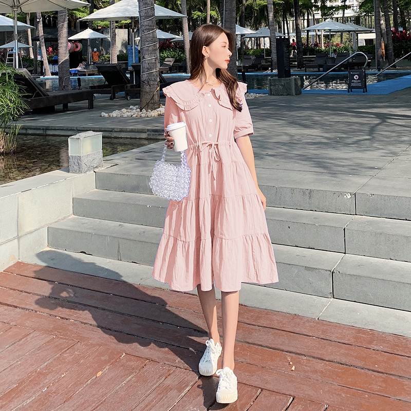 实拍现货 2021夏季新款韩版棉麻娃娃领蝴蝶结孕妇连衣裙中长款