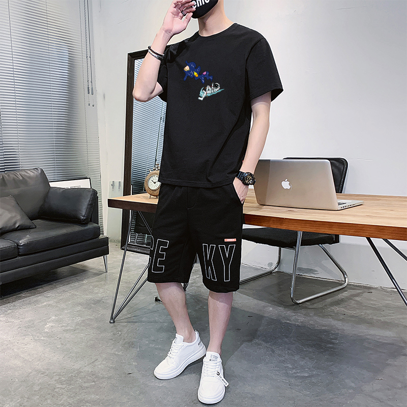 新款纯棉休闲两件套装男夏季短袖t恤短裤两件套潮款休闲运动套装