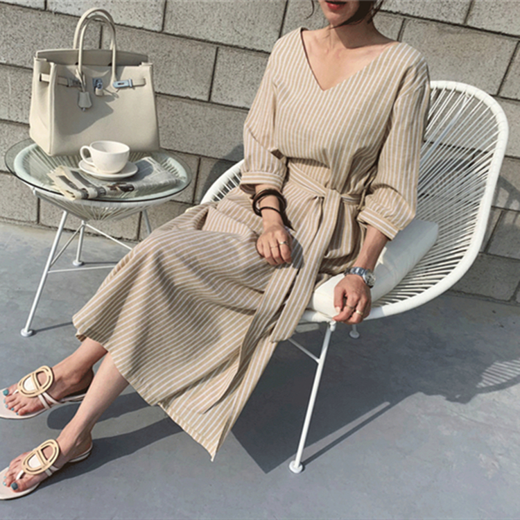 2021夏秋季新款V领条纹系带连衣裙开叉复古收腰韩版中长款连衣裙