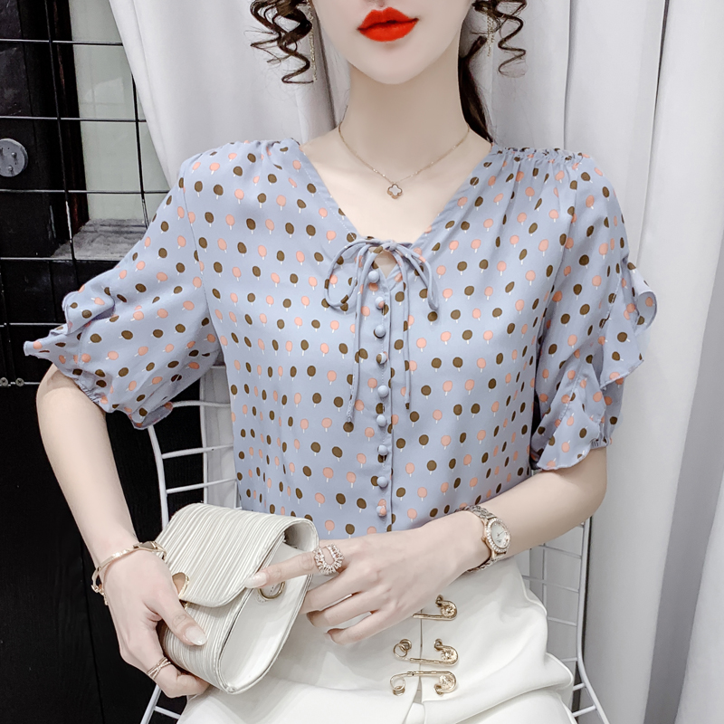 实拍2021年韩版时尚轻薄系带百搭荷叶袖套头女式上衣雪纺衫