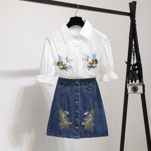 Two piece embroidery denim skirt