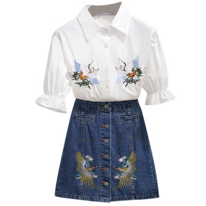 Two piece embroidery denim skirt