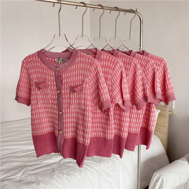 薄款冰丝小香风针织衫开衫短袖短款上衣女夏季设计感小众2021新款