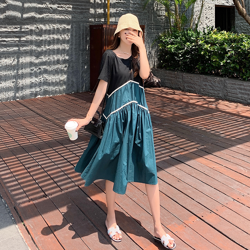 实拍~大码女装拼接连衣裙女温柔风长裙胖mm收腰显瘦气质短袖裙子