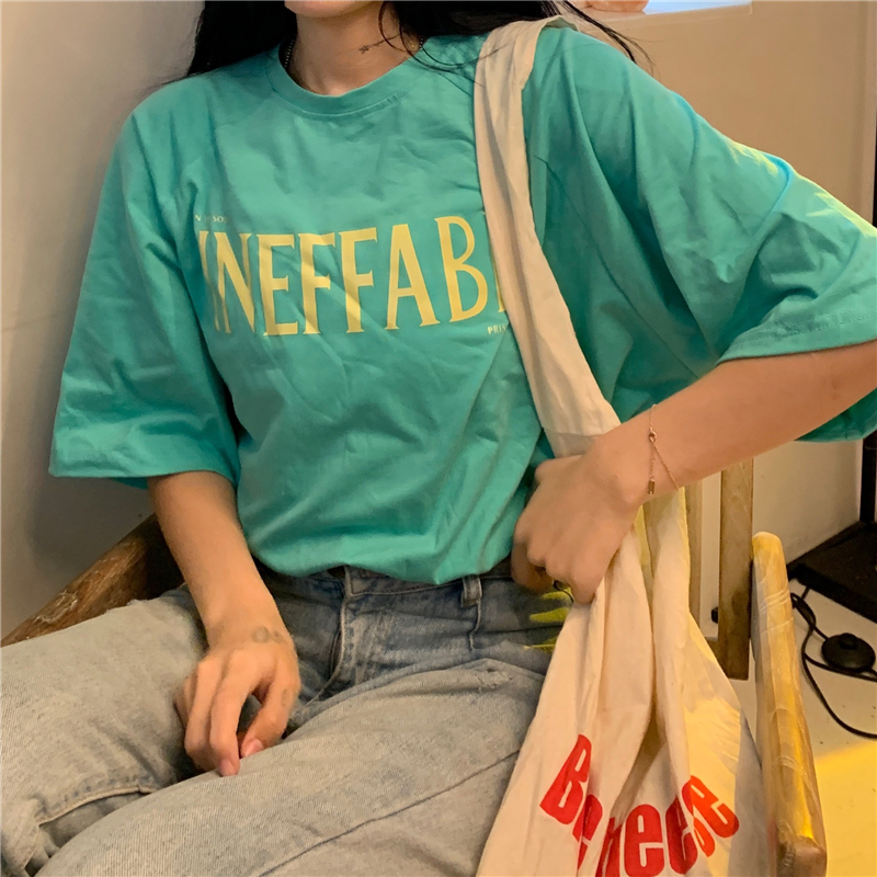 实拍65/35棉夏季新款韩版宽松ins潮圆领印花短袖T恤女上衣