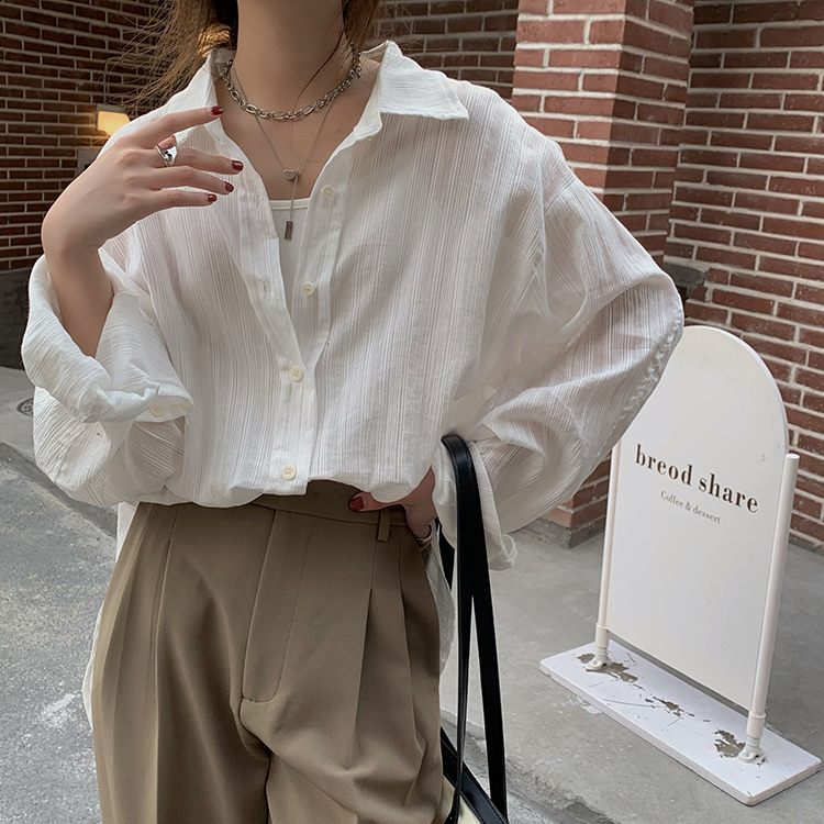 实拍实价  夏季纯色防晒慵懒气质百搭宽松翻领盐系衬衫女