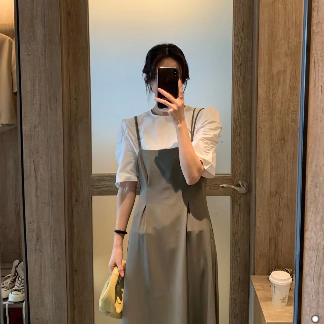 2021夏季新款韩版气质泡泡袖衬衫+设计感连衣裙两件套