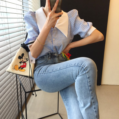 尺寸已更新 chic 韓版夏季清新小眾撞色方領格子襯衫上衣