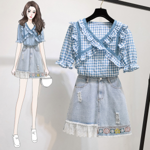 Two piece plaid shirt with lace stitching Embroidered Denim Skirt