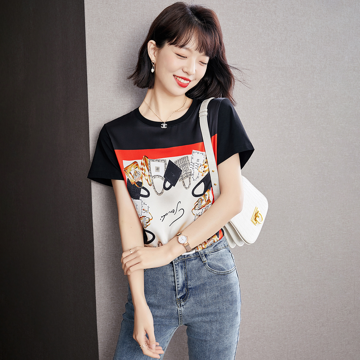 实拍◆有现货◆2021真丝t恤女短袖印花桑蚕丝白色圆领小衫上衣