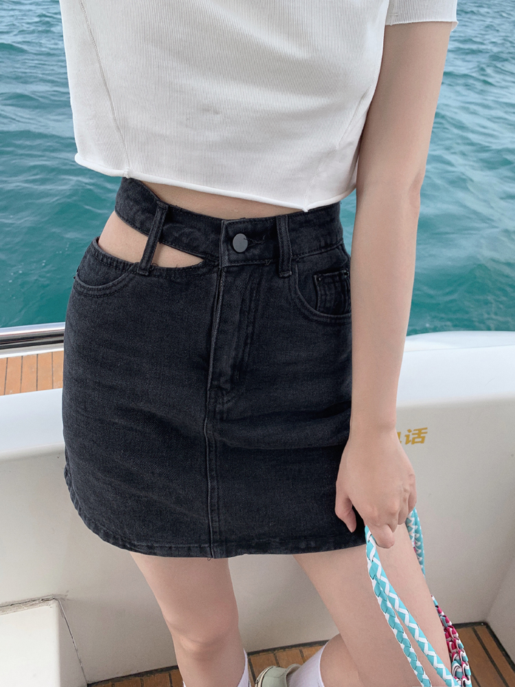 实拍 夏季休闲ins修身a字百搭镂空牛仔超短裙子显瘦半身一步裙女