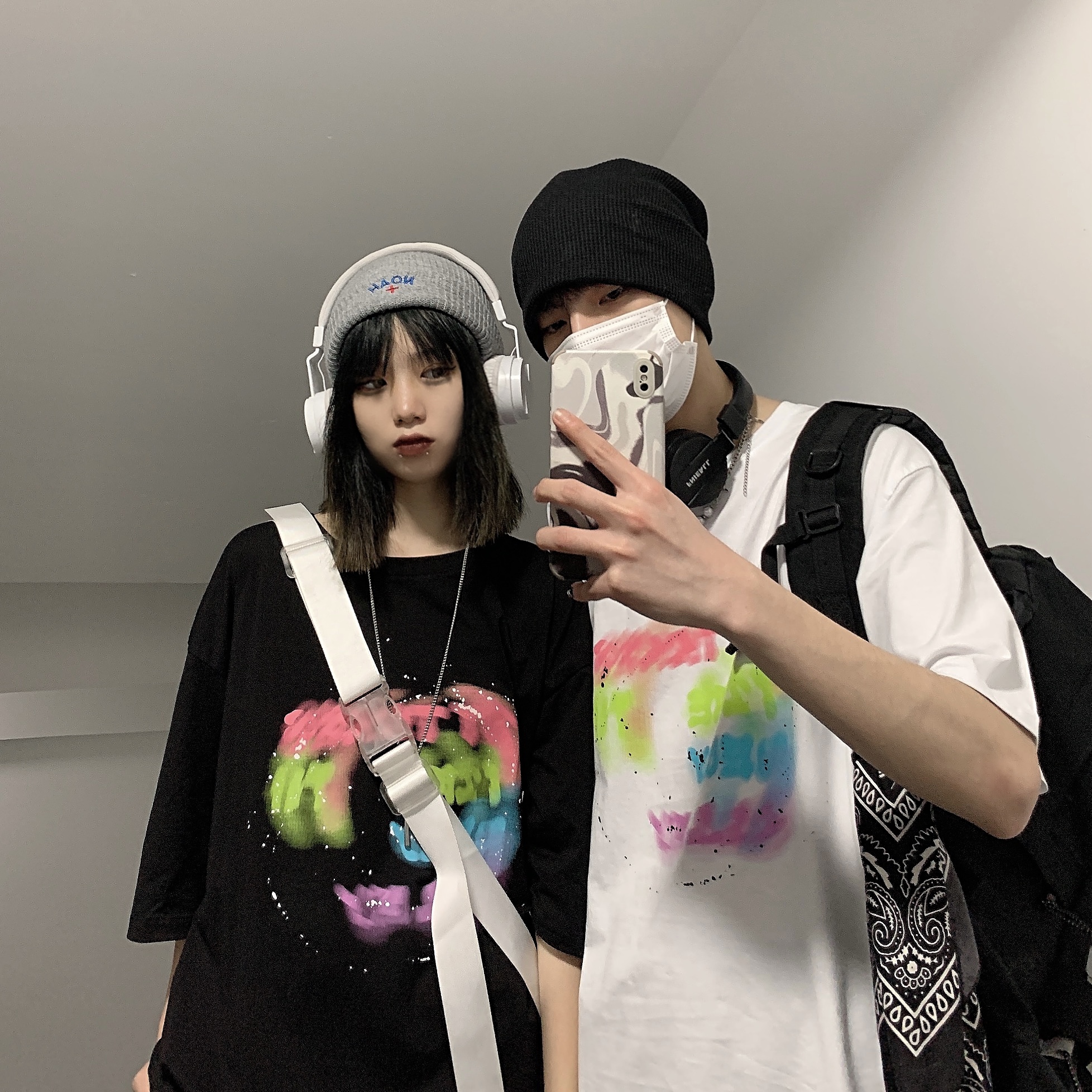 控+3实拍实价原创原宿纯棉INS泼墨彩色印花情侣短袖T恤男女上衣