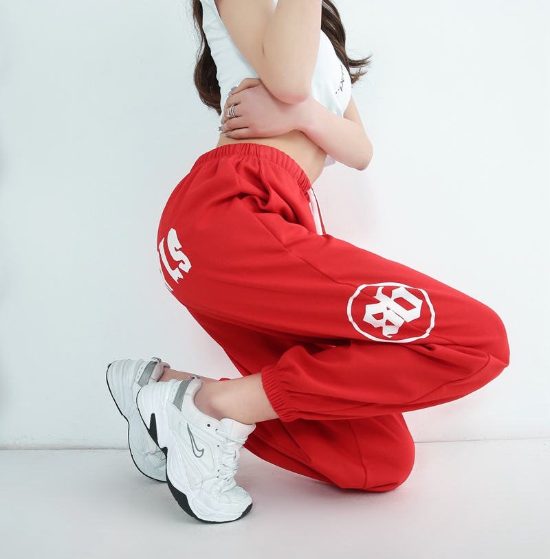 已出大货实拍 纯棉印花抽绳短袖T恤女+ 宽松红色薄款卫裤套装