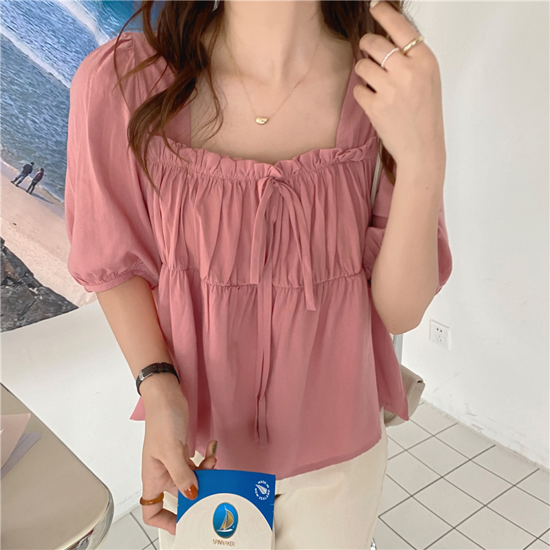 实拍实价~夏季新款小众设计感短款方领系带百搭ins风短袖衬衫上衣