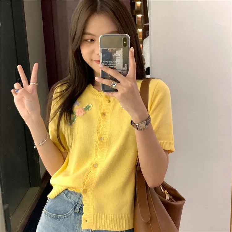 官方图甜美气质百搭针织开衫女薄款新款温柔风花朵刺绣圆领上衣