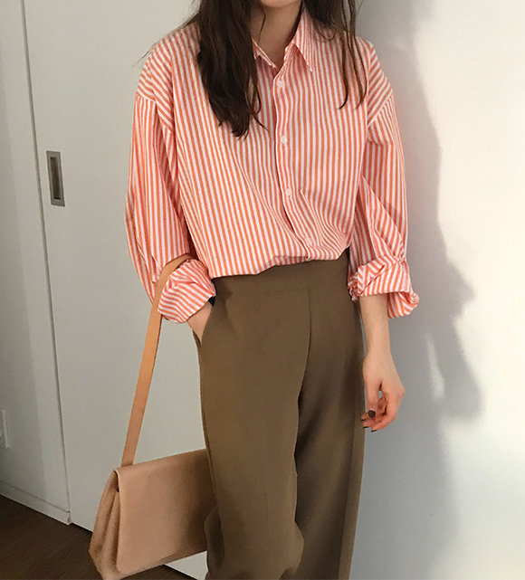 橘色条纹2021春夏新款韩国减龄小个子防晒空调日系长袖上衣衬衫女