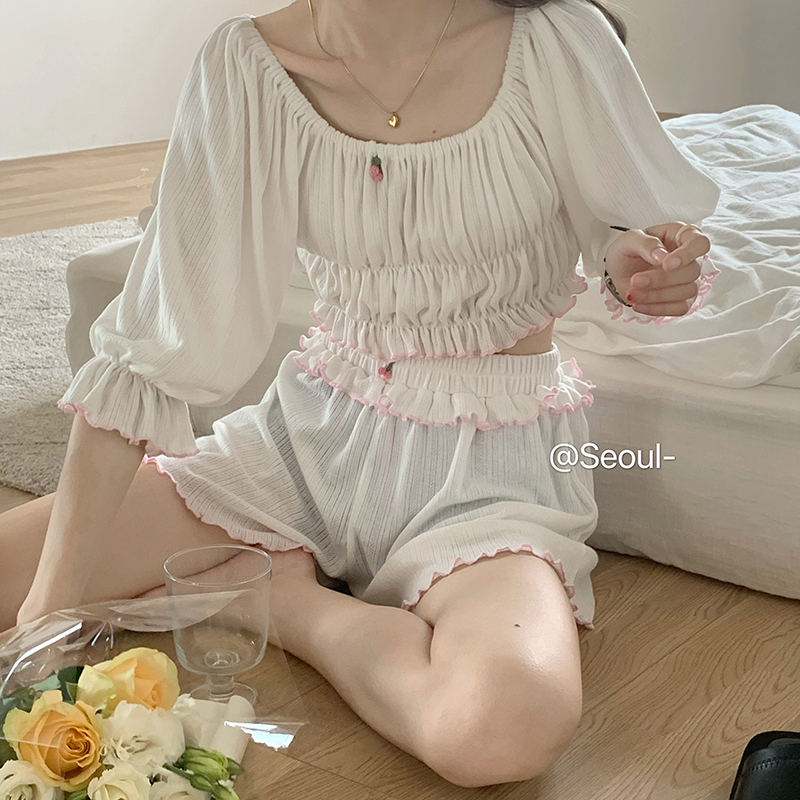 实价实拍三标齐睡衣套装夏季甜美少女木耳边宽松上衣+短裤家居服