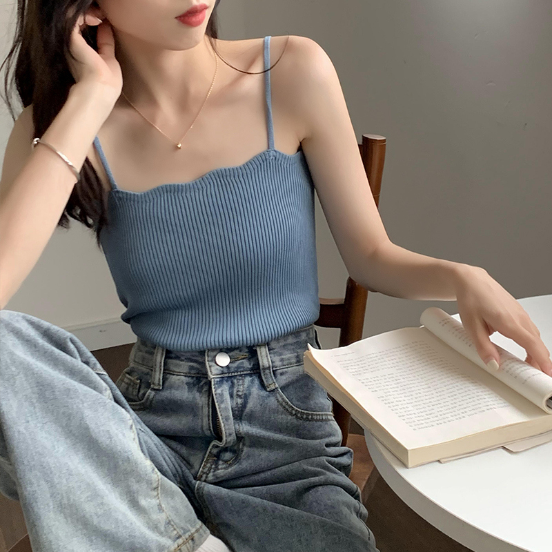 Real shot of small suspenders for women's summer outer wear, retro Hong Kong style with sleeveless tops, Korean style simple inner bottoming knitted vest