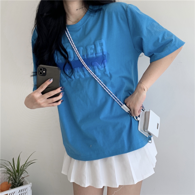 实拍65/35棉ins超火夏季新款韩版宽松圆领立体印花短袖T恤女