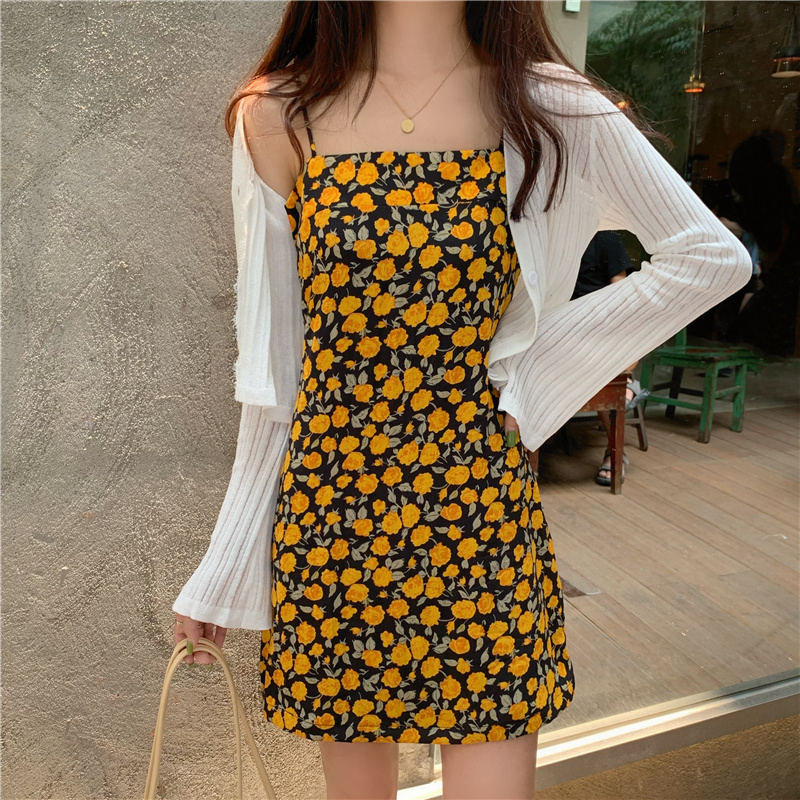 实拍实价 夏季复古淡黄色碎花吊带裙+宽松短款喇叭袖小开衫防晒