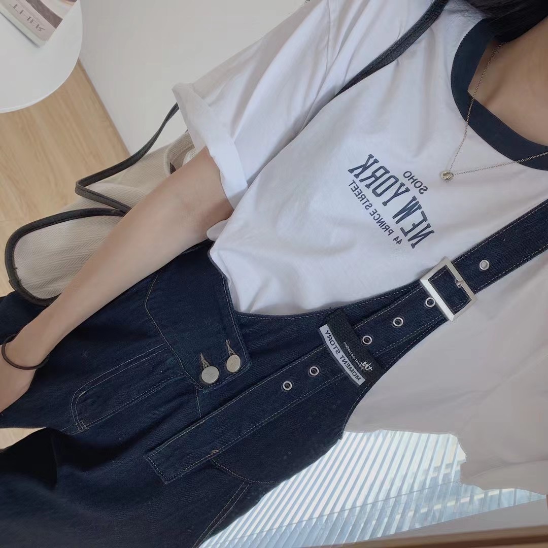 领口拼色字母韩版T恤＋背带牛仔裤显瘦连体裤小个子洋气套装