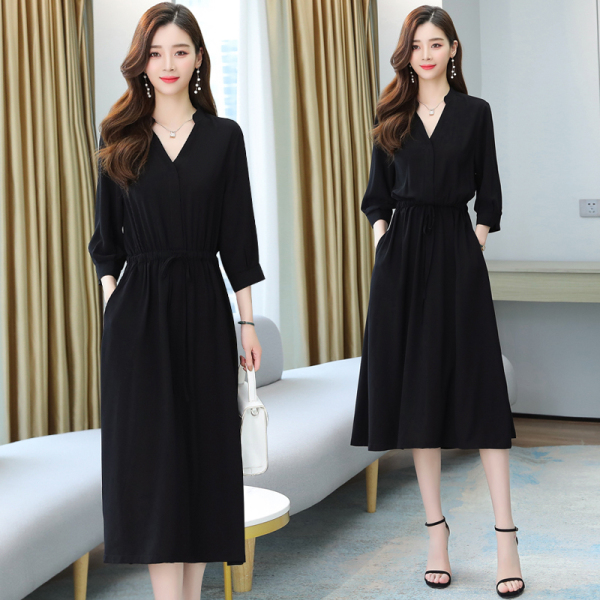 RM2197#雪纺黑色v领连衣裙女新款夏收腰显瘦休闲气质遮肚子法式长裙