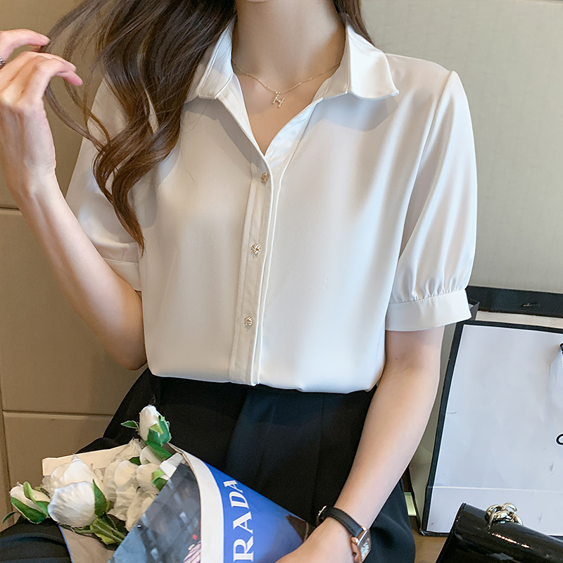 緞面襯衫女夏寬松短袖氣質垂直感襯衣金屬扣時尚顯瘦雪紡衫