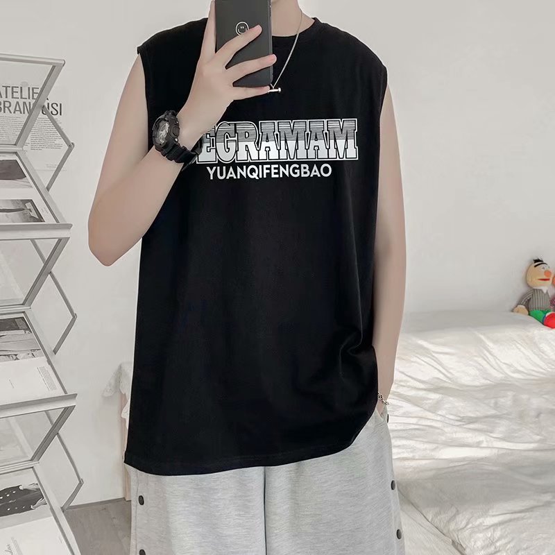 实拍无袖t恤男生夏季原宿风薄款运动背心潮牌ins篮球跨栏砍肩上衣