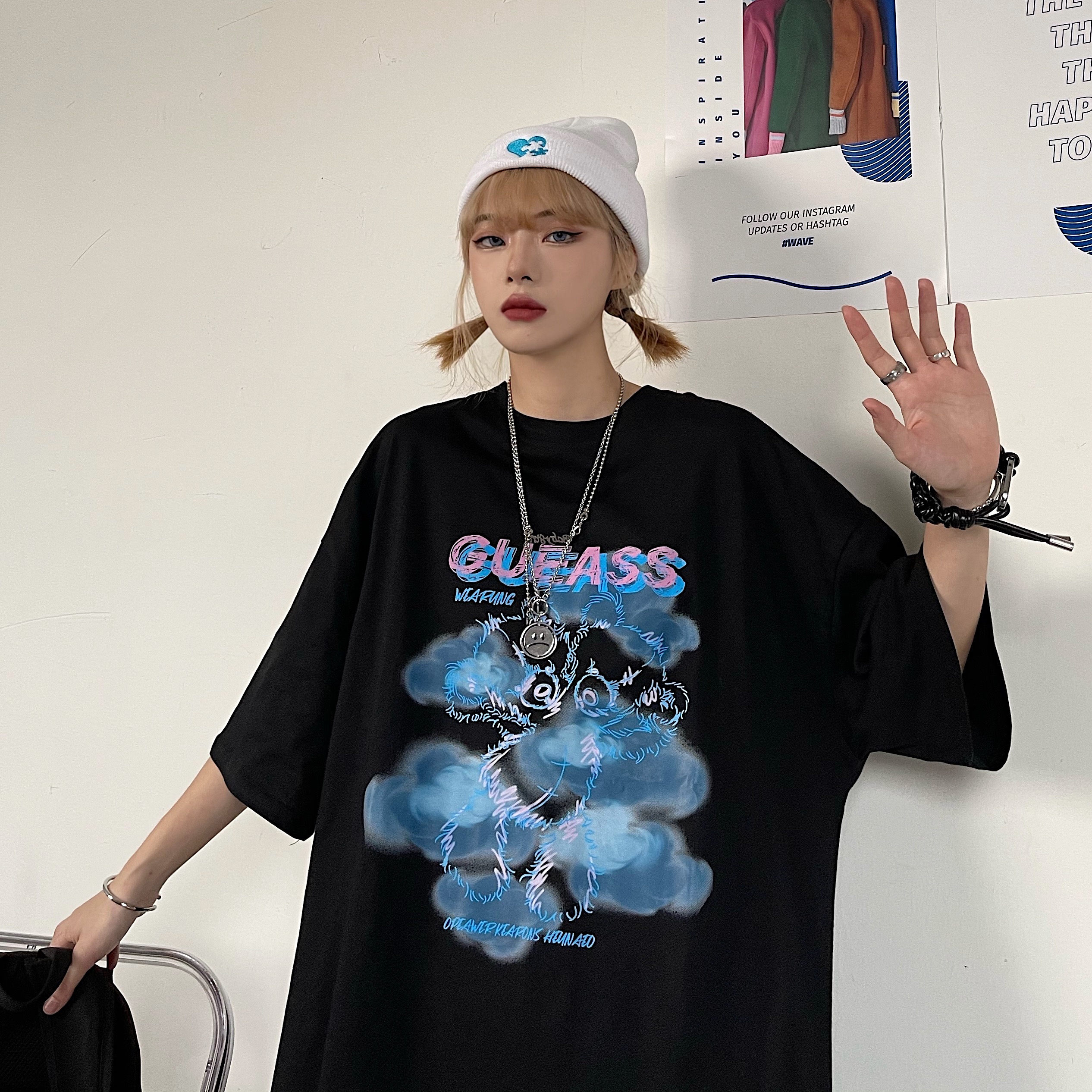 控+3实拍实价原宿纯棉INS迷雾小熊印花情侣短袖T恤男女上衣