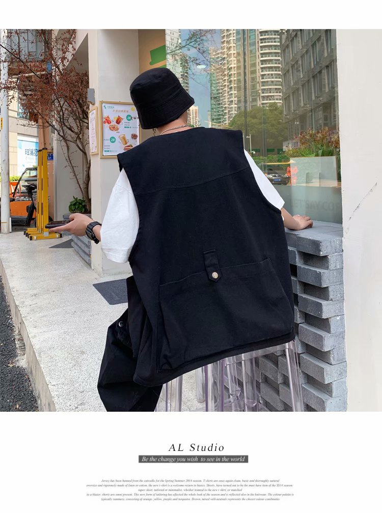 实拍日系工装马甲男国潮机能风青少年宽松休闲帅气无袖坎肩外套男