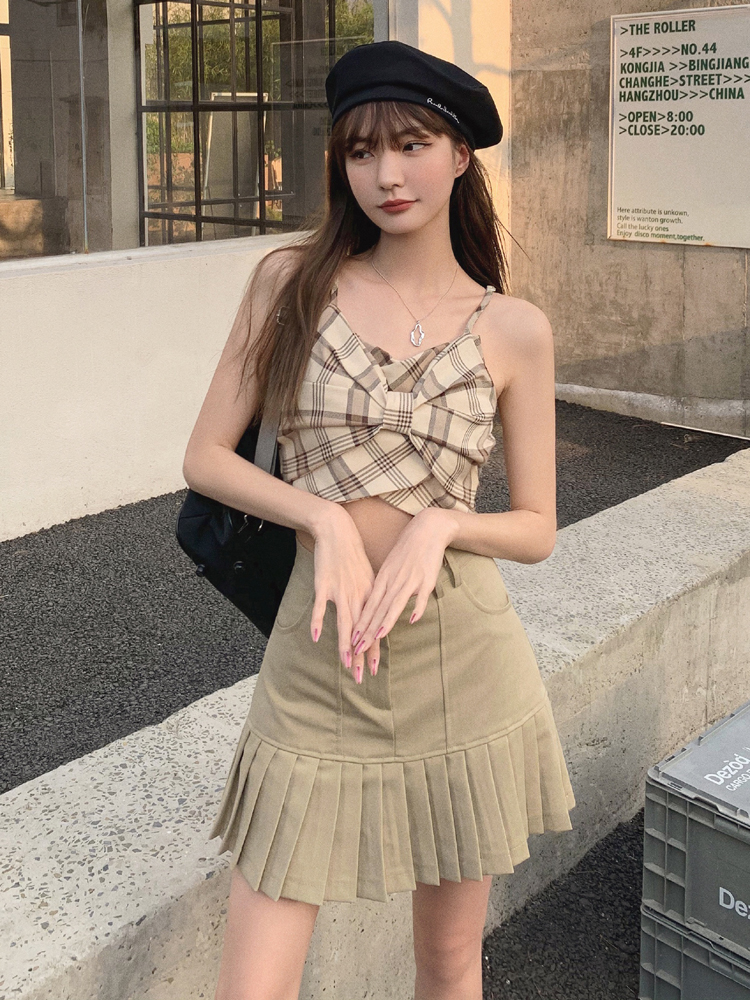 实拍2021夏装新款叠穿神器格子蝴蝶结内搭小众设计感吊带小上衣女