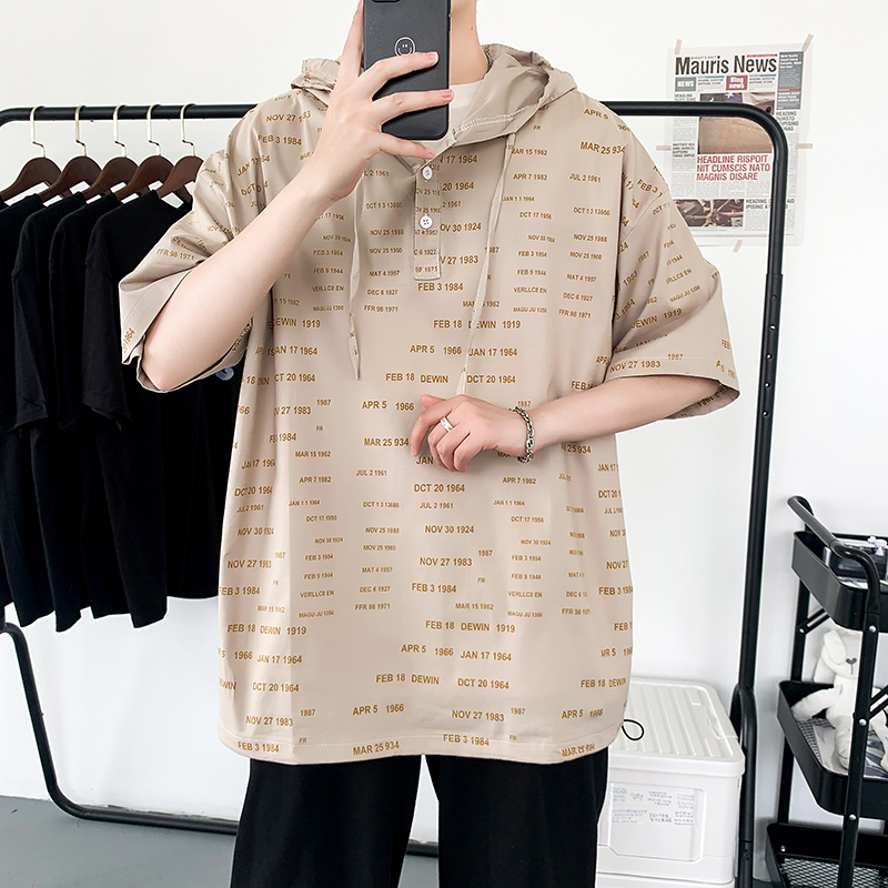 夏季日系假两件连帽短袖T恤男潮牌潮流大码宽松学生半袖胖子上衣