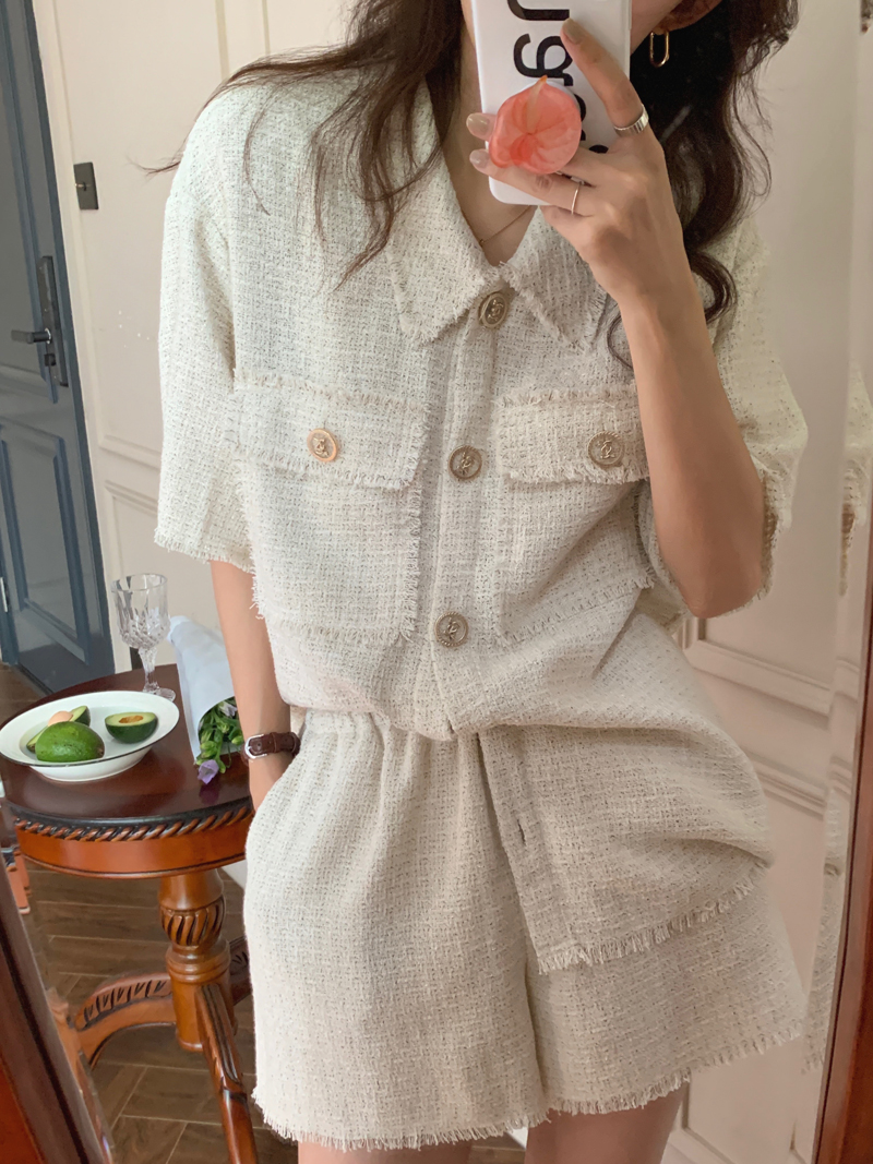 实拍现货~夏季时尚小香风设计感流苏衬衫小外套+短裤俩件套 套装