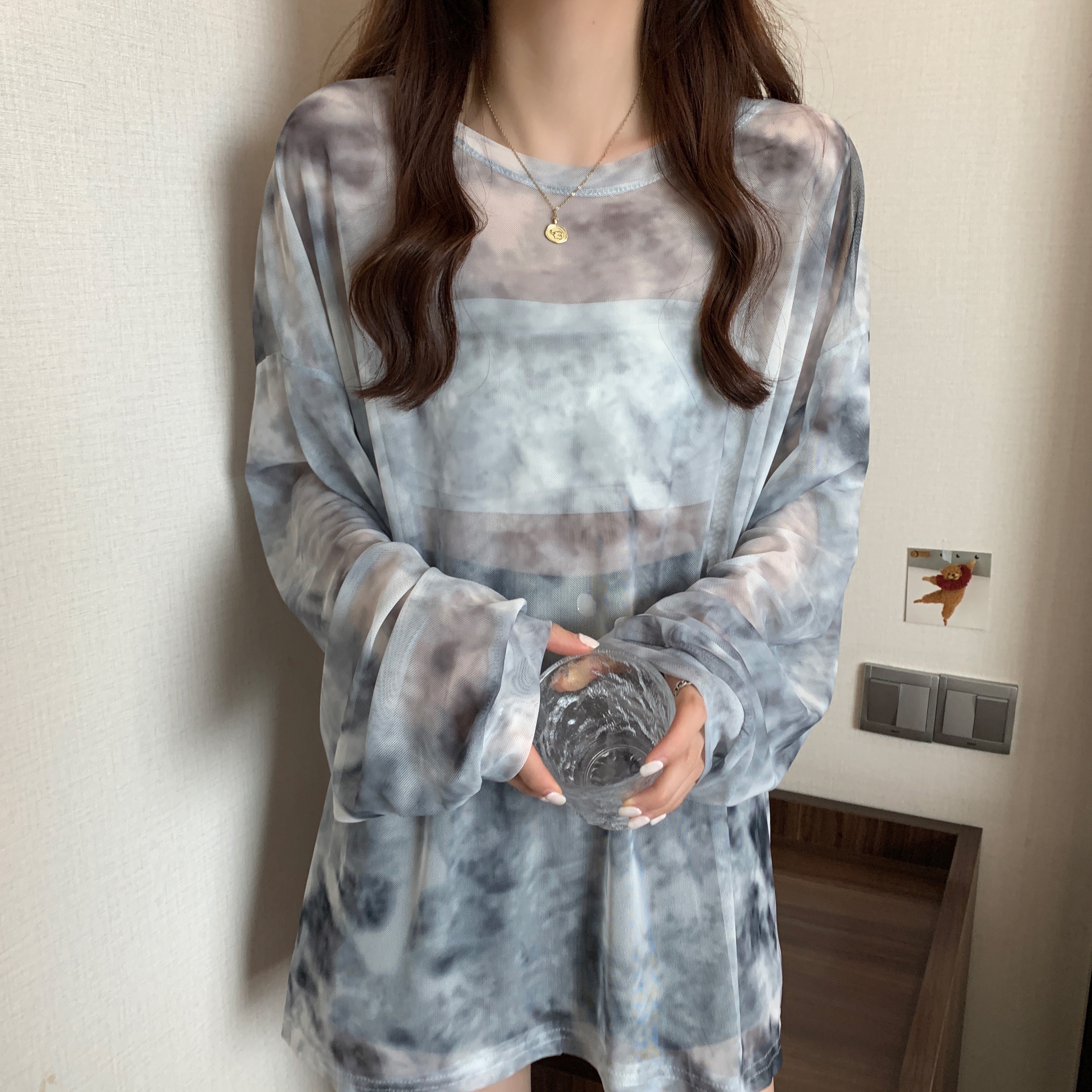 实拍扎染网纱防晒衣2021夏季新款韩版宽松设计感小众薄款长袖上衣