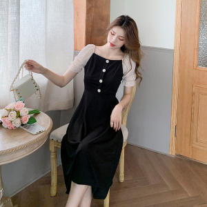 RM15239#小黑裙长裙方领气质小裙子甜美茶歇裙女法式复古黑色连衣裙